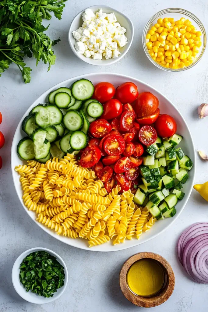 Fresh ingredients for Summer Vegetable Pasta Salad including pasta, tomatoes, cucumber, peppers, corn, herbs, and dressing.