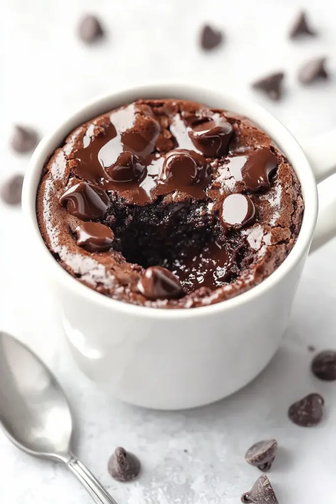 Fudgy microwave brownie dessert for one styled in a mug with spoon and chocolate chips nearby