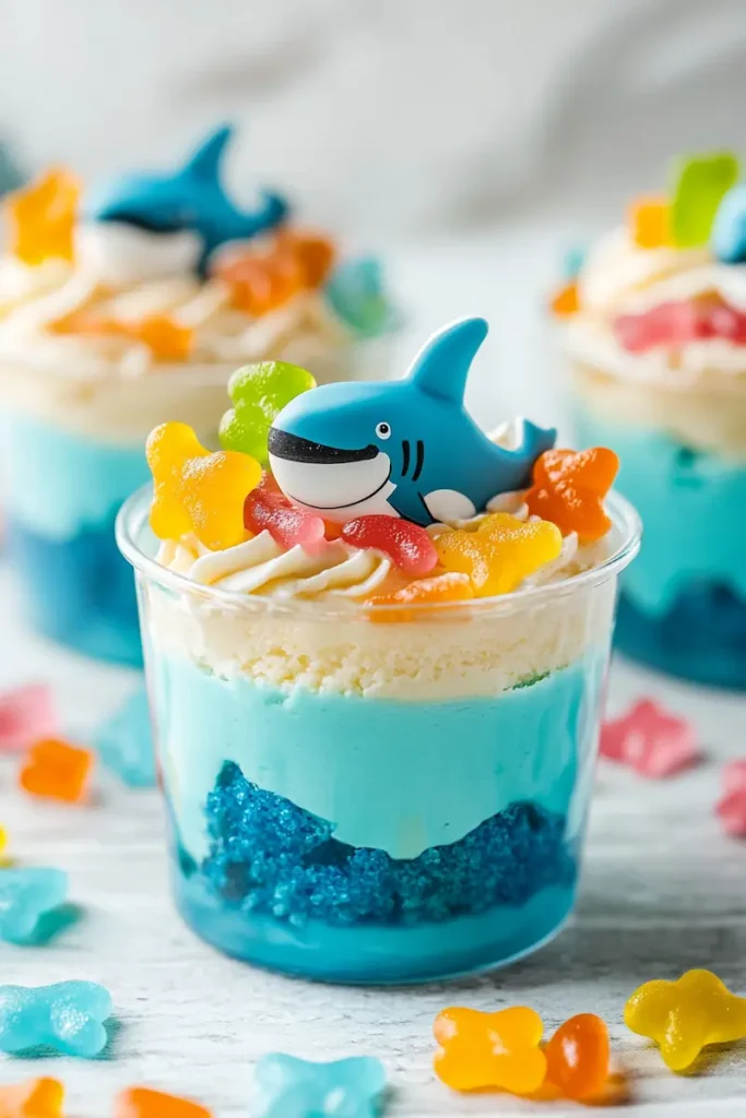 Vertical Pinterest image of no-bake Shark Week cheesecake cups with blue topping and gummy sharks.