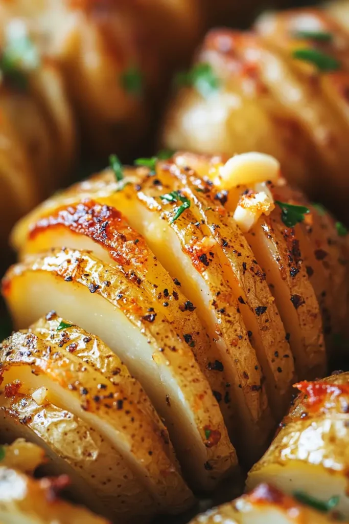 Accordion Potatoes Recipe: Crispy, Easy, Delicious 2 Close-up of crispy accordion potatoes with golden edges and buttery garlic layers in a bright modern American kitchen.