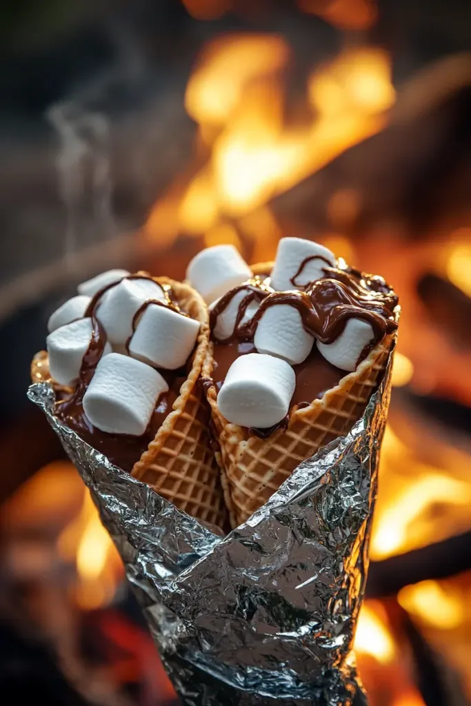 Easy s’mores cones recipe with melted chocolate and marshmallows for camping, parties, or backyard dessert nights