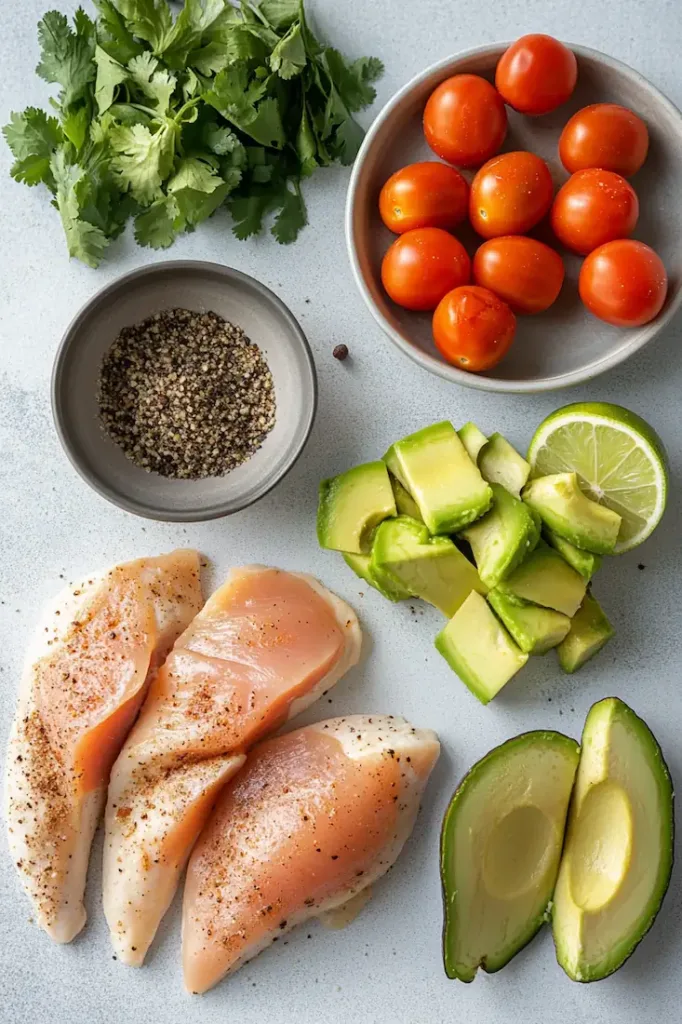 Ingredients for Grilled California Avocado Chicken including chicken breasts, olive oil, garlic powder, smoked paprika, Italian seasoning, salt, black pepper, lime, avocados, cherry tomatoes, mozzarella, and fresh basil or cilantro.