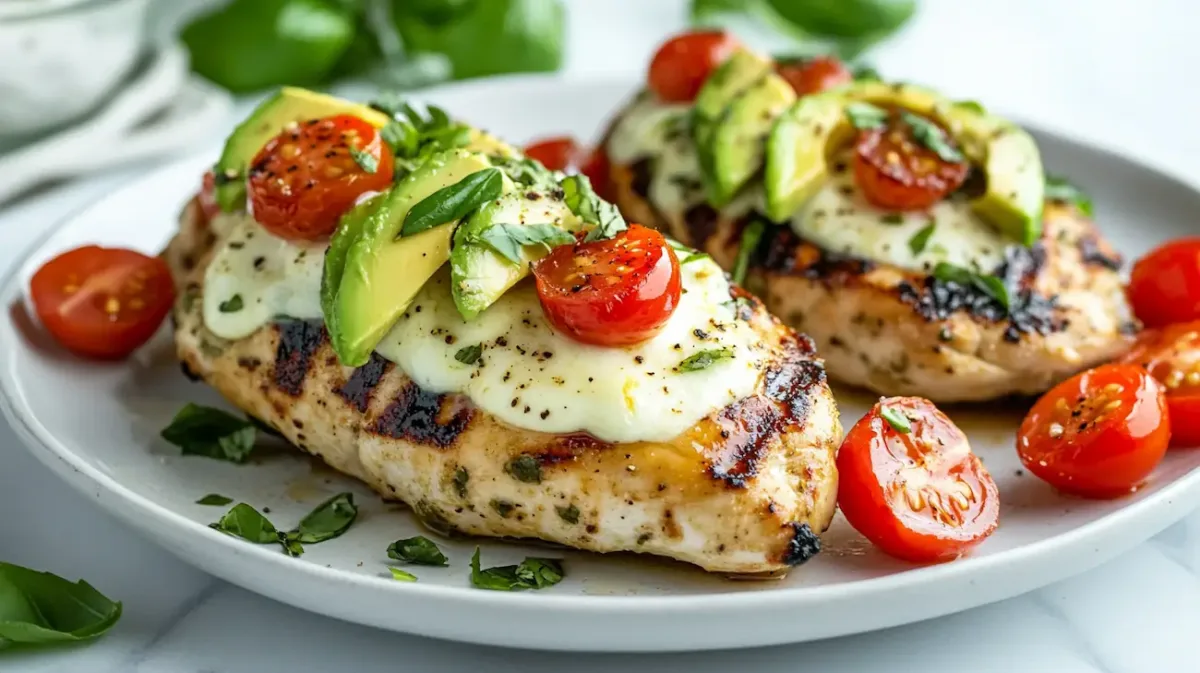 Grilled California Avocado Chicken plated in a bright modern American kitchen with sliced avocado, melted mozzarella, cherry tomatoes, and fresh herbs.