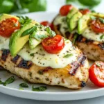 Grilled California Avocado Chicken plated in a bright modern American kitchen with sliced avocado, melted mozzarella, cherry tomatoes, and fresh herbs.