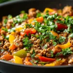 Ground Turkey and Peppers served in a skillet with colorful bell peppers and fresh herbs