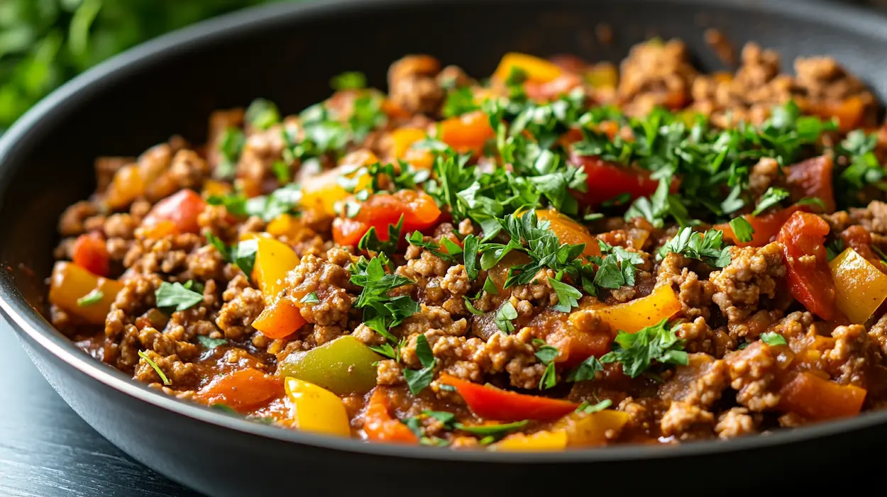 Ground Turkey and Peppers served in a skillet with colorful bell peppers and fresh herbs