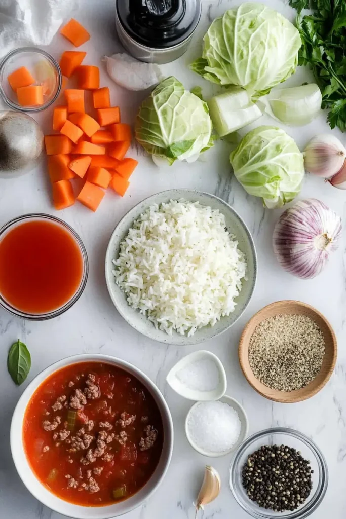 ingredients for cabbage roll soup with ground beef including cabbage, ground beef, tomatoes, rice, and seasonings on a clean countertop