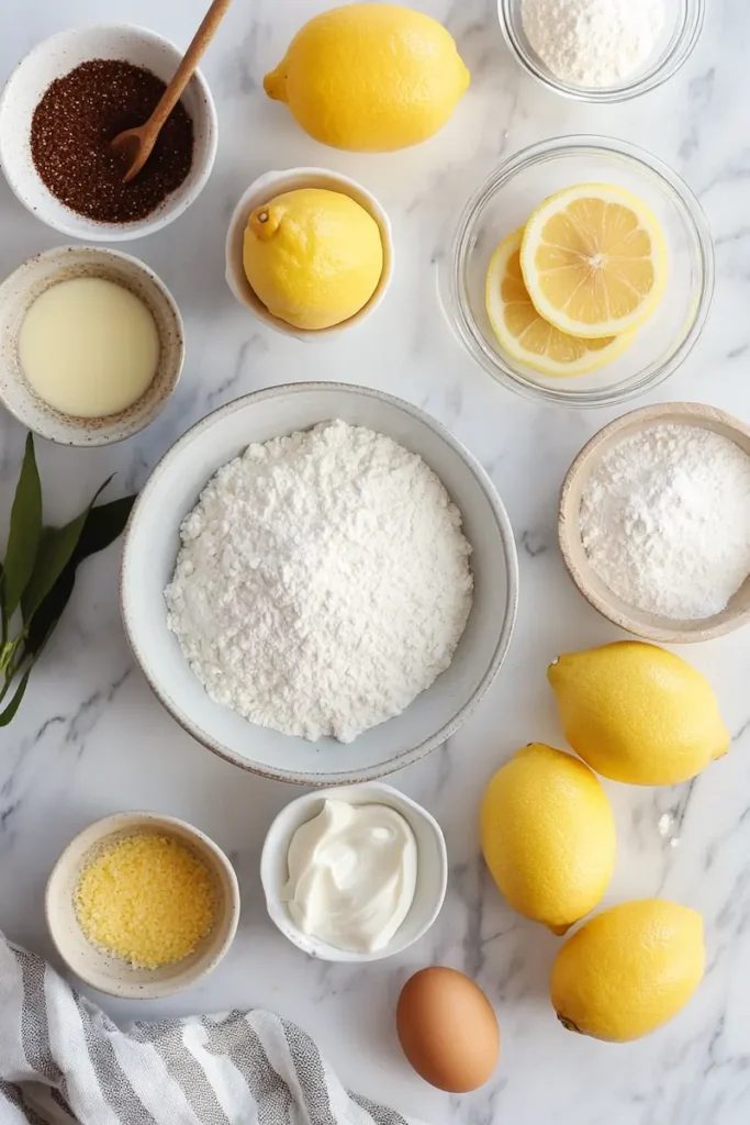 Ingredients for Starbucks Copycat Lemon Loaf arranged neatly on a clean countertop in a modern American kitchen.