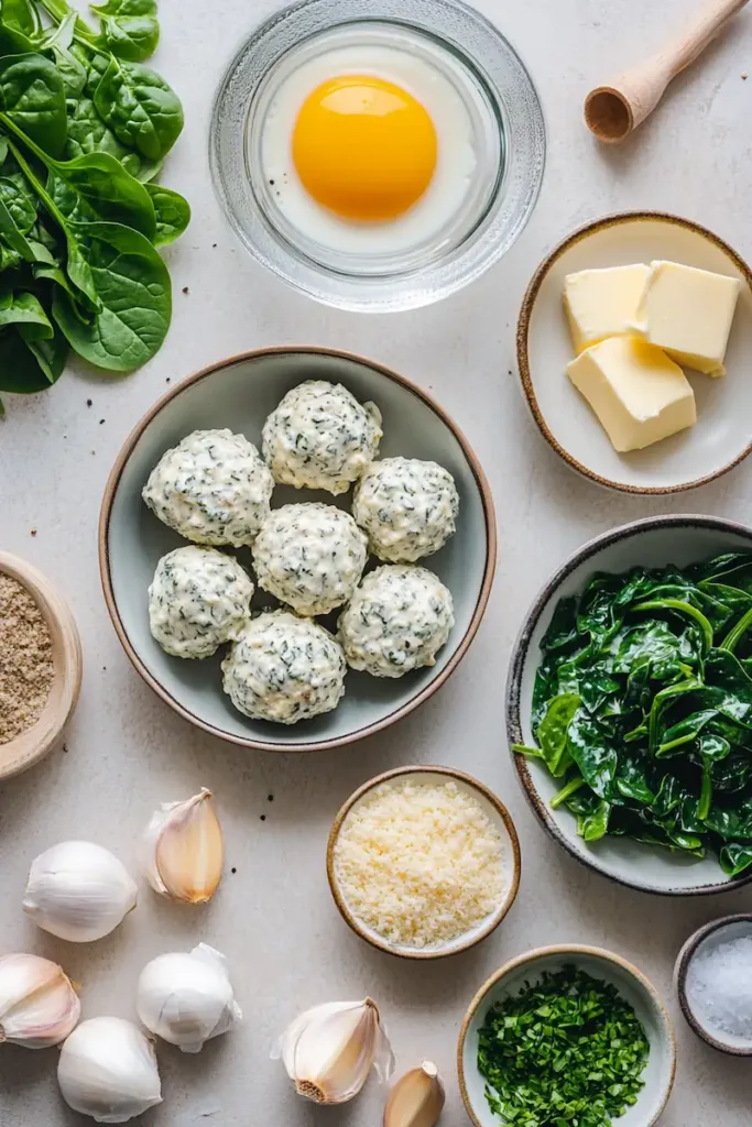 Ingredients for baked chicken ricotta meatballs with ricotta, ground chicken, spinach, Parmesan, garlic, and cream