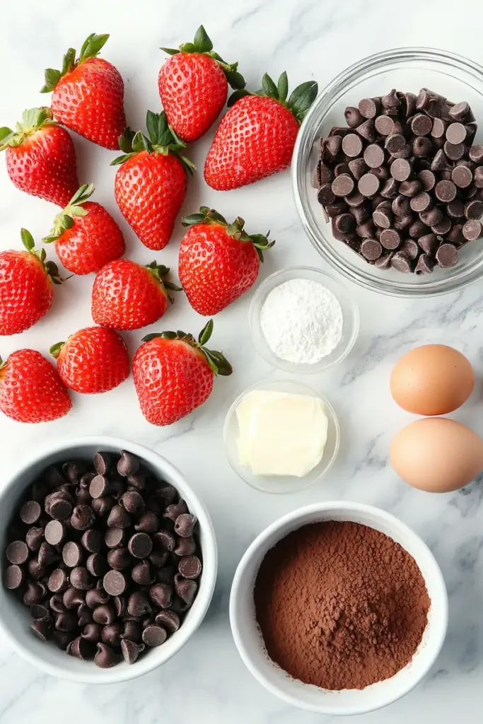 Ingredients for chocolate covered strawberry brownies including strawberries, chocolate chips, brownie mix, and cream.