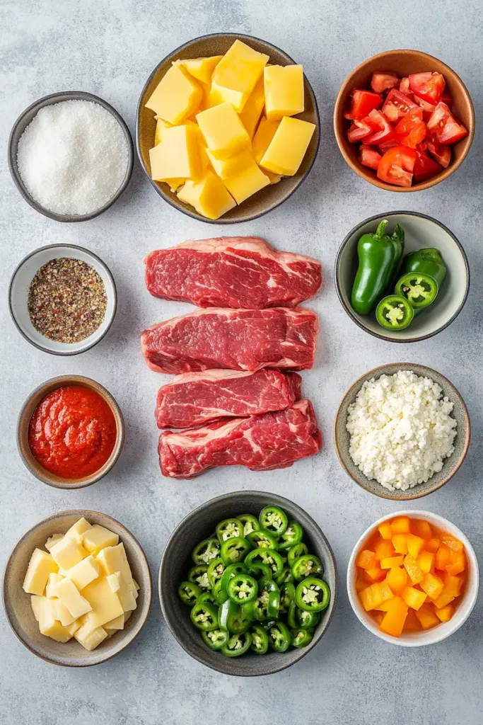 Ingredients for smoked steak queso dip including steak, cheese, peppers, tomatoes, jalapeños, and seasonings.