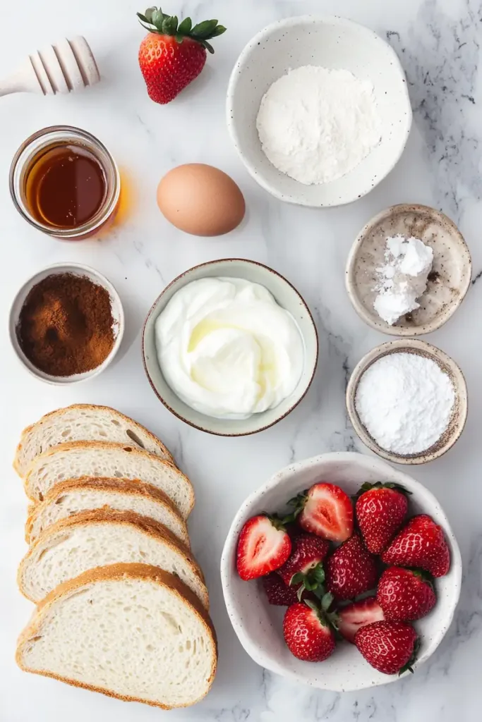 Ingredients for strawberry yogurt toast including bread, yogurt, egg, honey, vanilla, and strawberries.