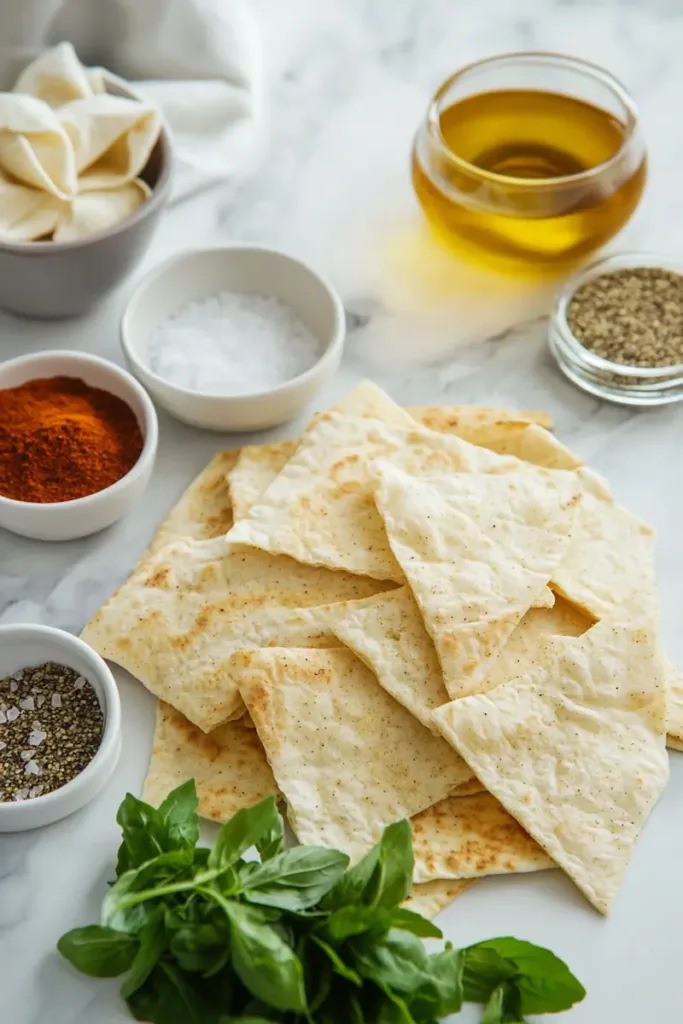 Ingredients for air fryer pita chips recipe including pita bread, olive oil, garlic powder, onion powder, oregano, paprika, salt, and black pepper on a modern kitchen counter.