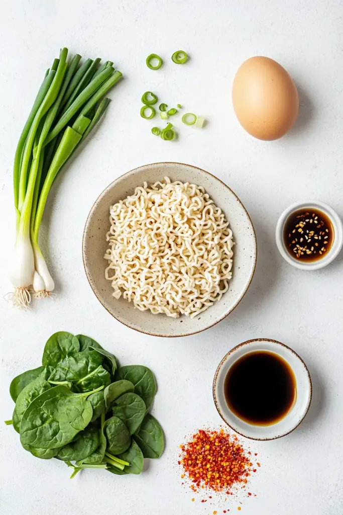 Instant ramen, egg, green onions, spinach, and seasonings arranged on a clean kitchen surface