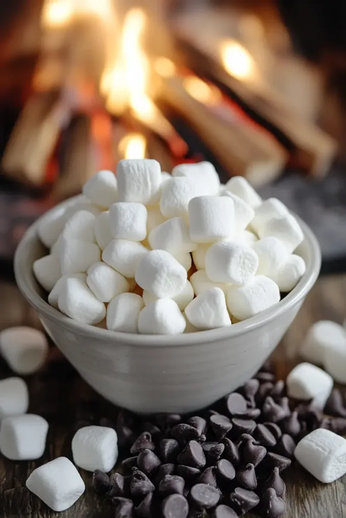 S’mores cones ingredients with waffle cones, chocolate chips, mini marshmallows, strawberries, and bananas