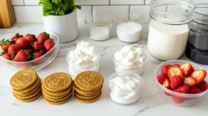 Clean ingredients photo showing everything needed for strawberry shortcake pudding cups arranged neatly on a bright kitchen counter with clear plastic cups.