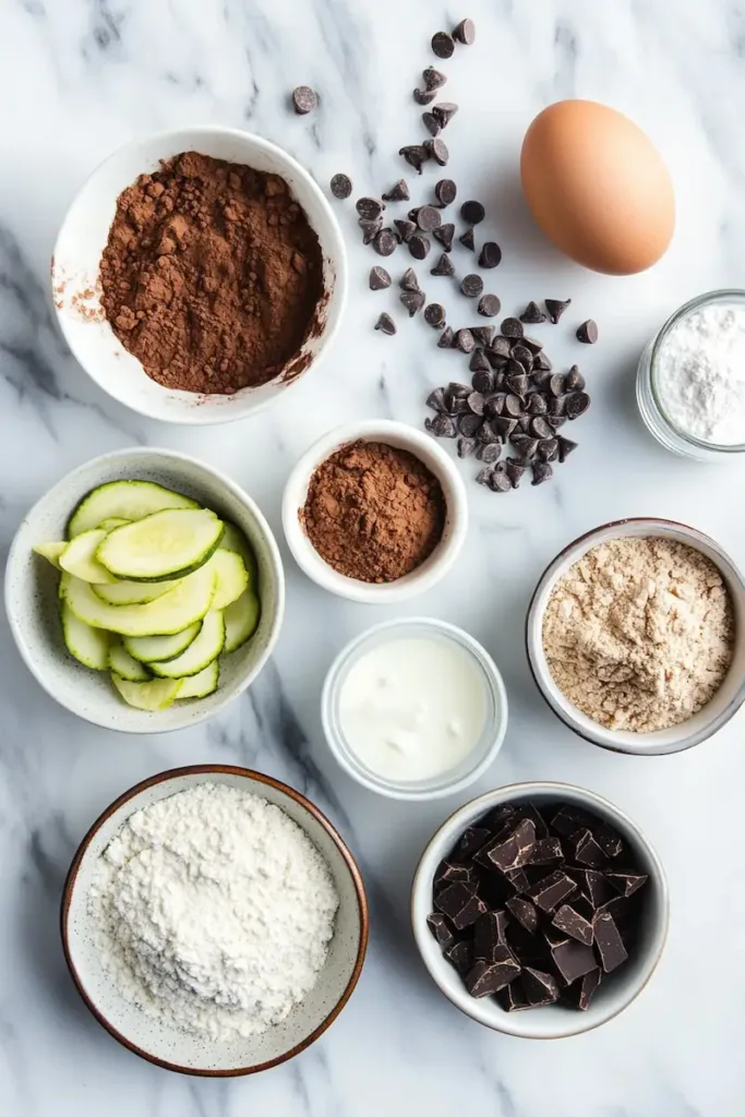 Measured ingredients for double chocolate zucchini bread including zucchini, cocoa powder, flour, eggs, and chocolate chips.