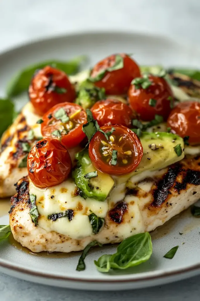 Close-up of Grilled California Avocado Chicken showing juicy grilled chicken with melted mozzarella, creamy avocado slices, cherry tomatoes, and fresh herbs.