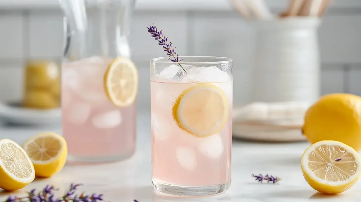 Lavender Lemonade Recipe That Tastes Like Summer 1 Lavender lemonade recipe served over ice with lemon slices in a bright modern American kitchen.