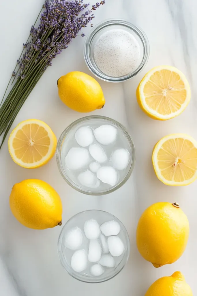 Lavender Lemonade Recipe That Tastes Like Summer 3 Ingredients for lavender lemonade recipe arranged neatly with lemons, sugar, dried culinary lavender, water, ice, lemon slices, and fresh lavender.