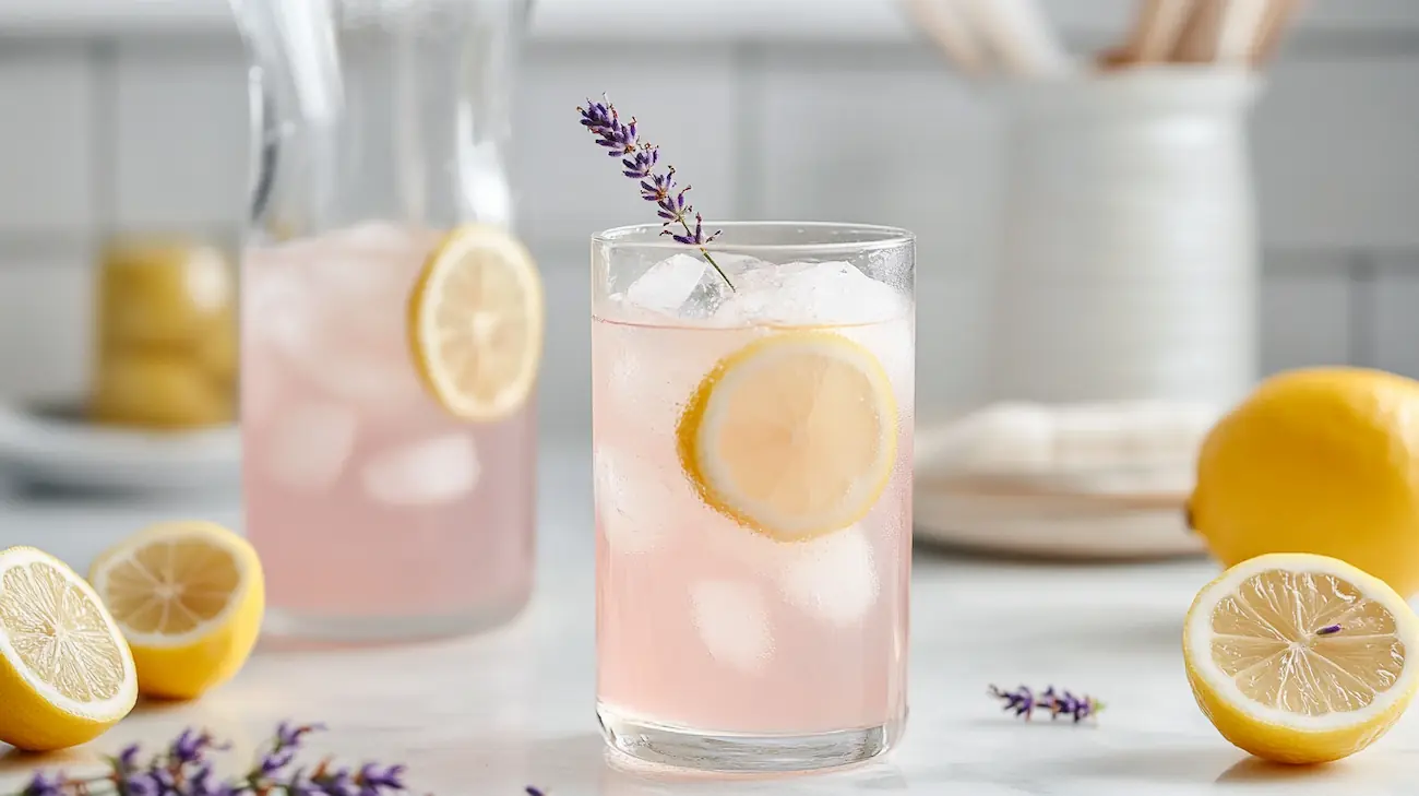 Lavender Lemonade Recipe That Tastes Like Summer 4 Lavender lemonade recipe served over ice with lemon slices in a bright modern American kitchen.