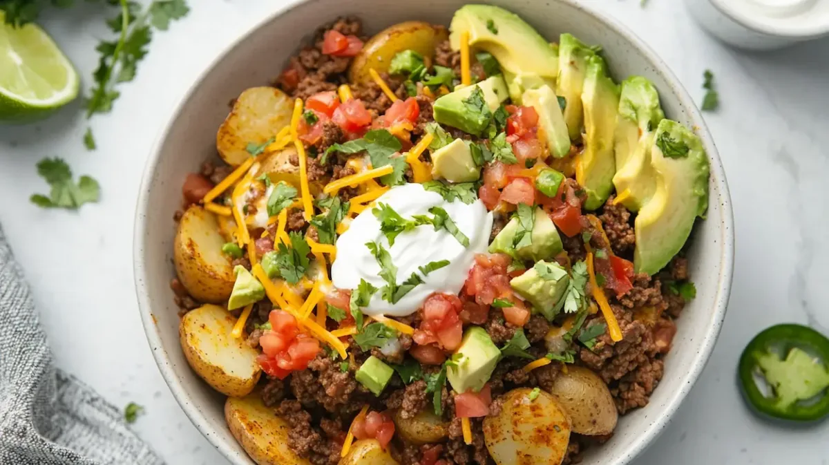 Loaded potato taco bowl with crispy roasted potatoes, taco-seasoned meat, shredded cheese, avocado, salsa, sour cream, jalapeño, and cilantro in a bright modern American kitchen.