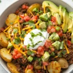 Loaded potato taco bowl with crispy roasted potatoes, taco-seasoned meat, shredded cheese, avocado, salsa, sour cream, jalapeño, and cilantro in a bright modern American kitchen.