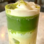 Matcha tea cloud latte served in a tall glass with creamy cloud topping