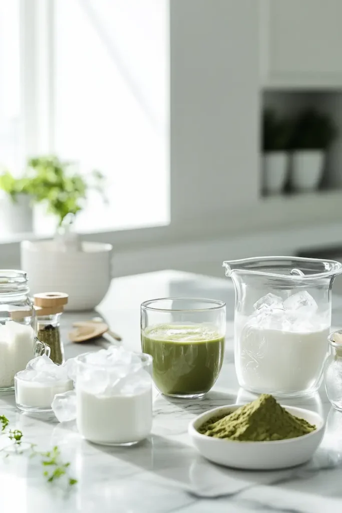 Matcha Tea Cloud Latte Recipe 3 Ingredients for matcha tea cloud latte arranged neatly on a clean countertop in a modern American kitchen.
