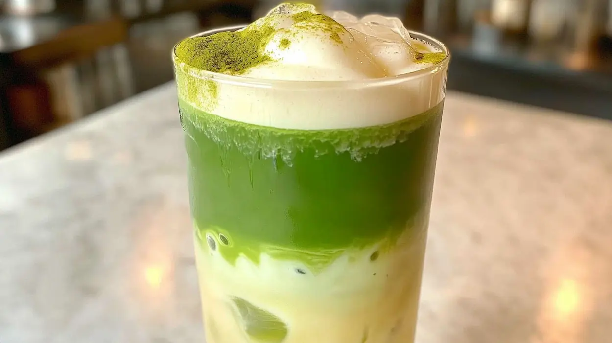 Matcha Tea Cloud Latte Recipe 4 Matcha tea cloud latte served in a tall glass with creamy cloud topping