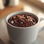 Warm microwave brownie dessert for one in a white mug with melted chocolate chips on top
