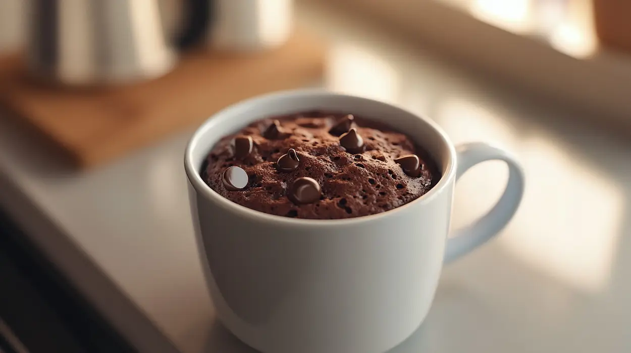 Warm microwave brownie dessert for one in a white mug with melted chocolate chips on top