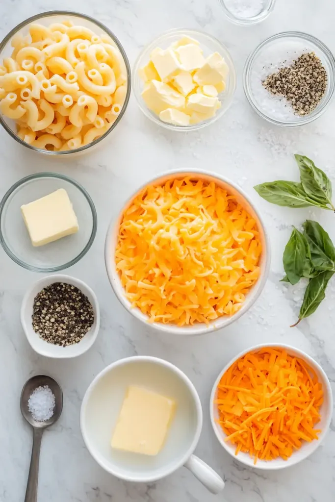 Ingredients for microwave mac and cheese in a mug including elbow macaroni, water, milk, shredded cheddar cheese, salt, black pepper, and butter.