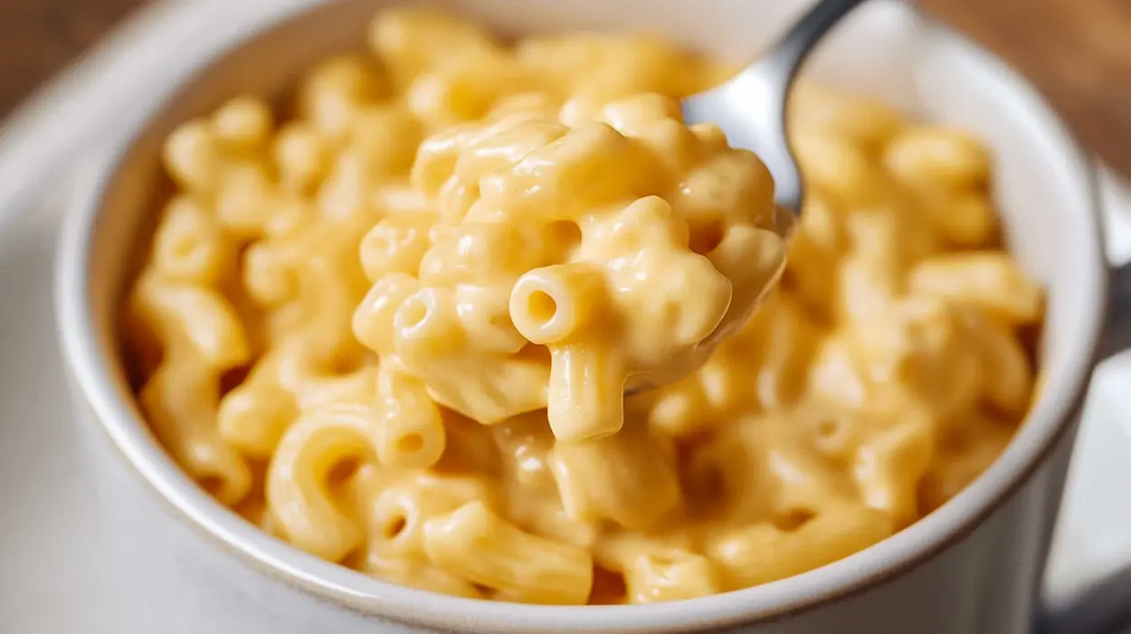 Microwave mac and cheese in a mug with creamy cheddar sauce in a modern American kitchen.