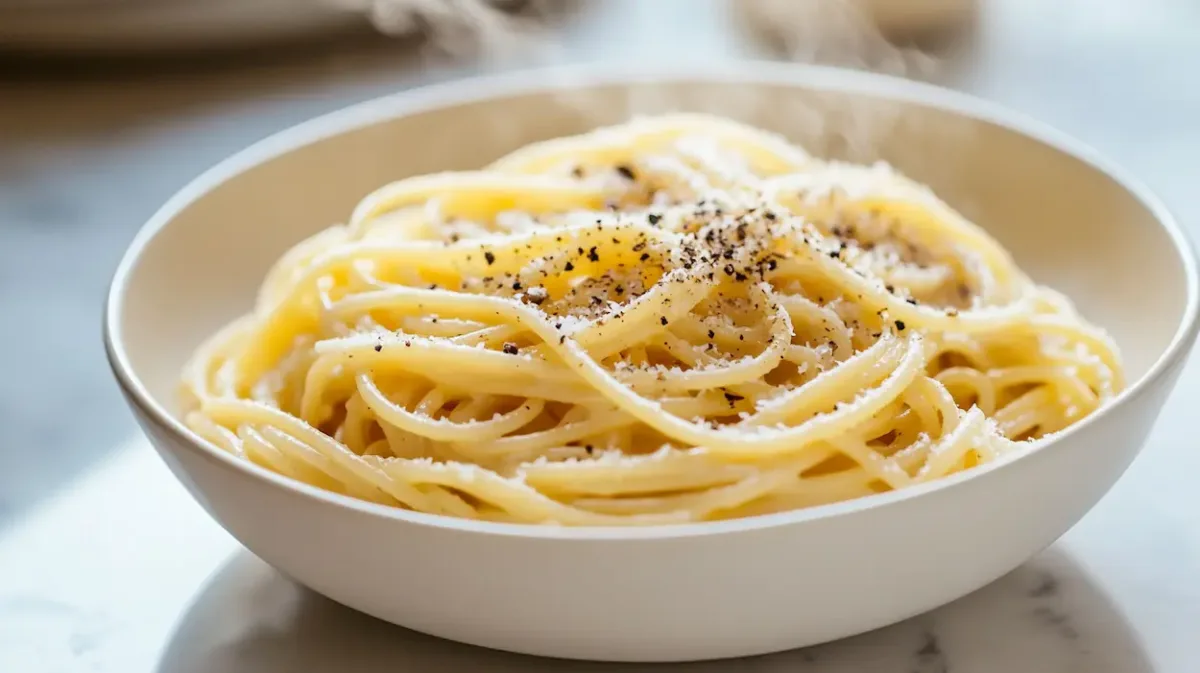 Microwave pasta for one plated in a white bowl in a bright modern American kitchen with a clean minimal look.