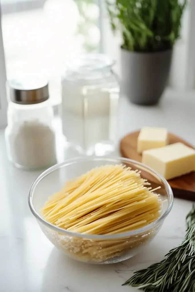 Ingredients for microwave pasta for one arranged neatly on a clean countertop in a bright modern American kitchen.