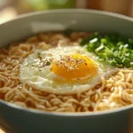 A bowl of microwave ramen with egg topped with green onions in bright natural light