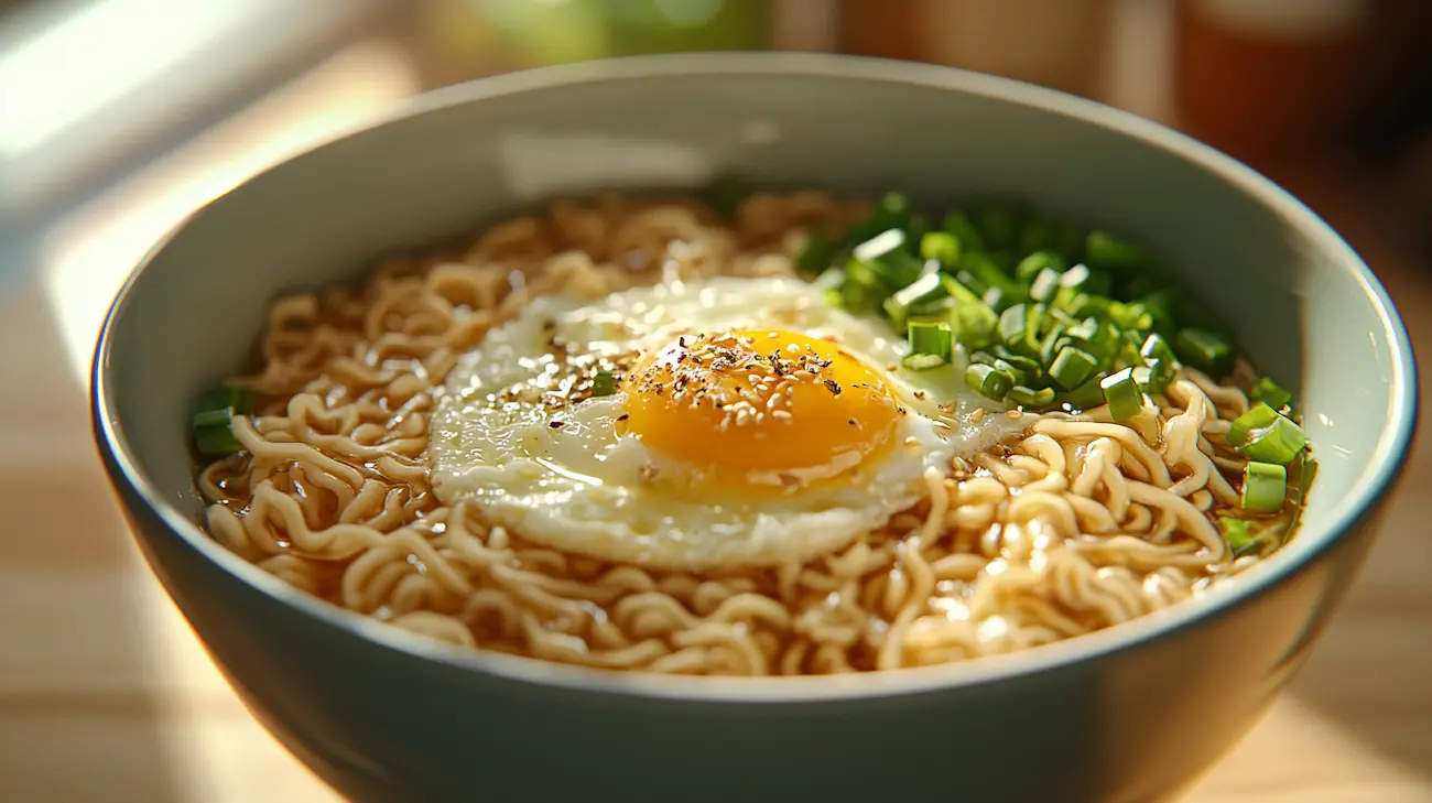 A bowl of microwave ramen with egg topped with green onions in bright natural light