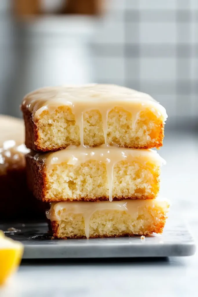 Close-up of Starbucks Copycat Lemon Loaf showing the soft moist texture and thick lemon glaze in a bright modern kitchen.