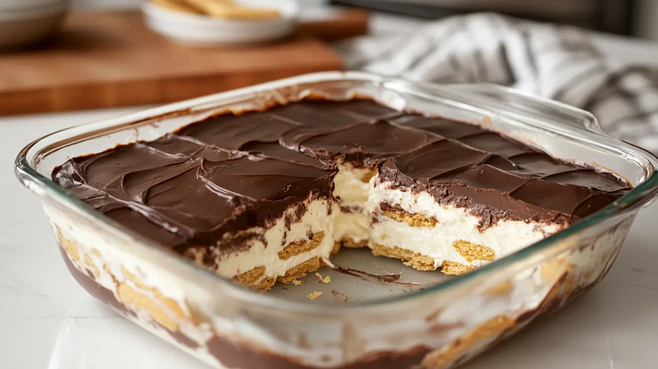 Slice of no-bake chocolate eclair dessert with creamy vanilla pudding layers, softened graham crackers, and glossy chocolate topping