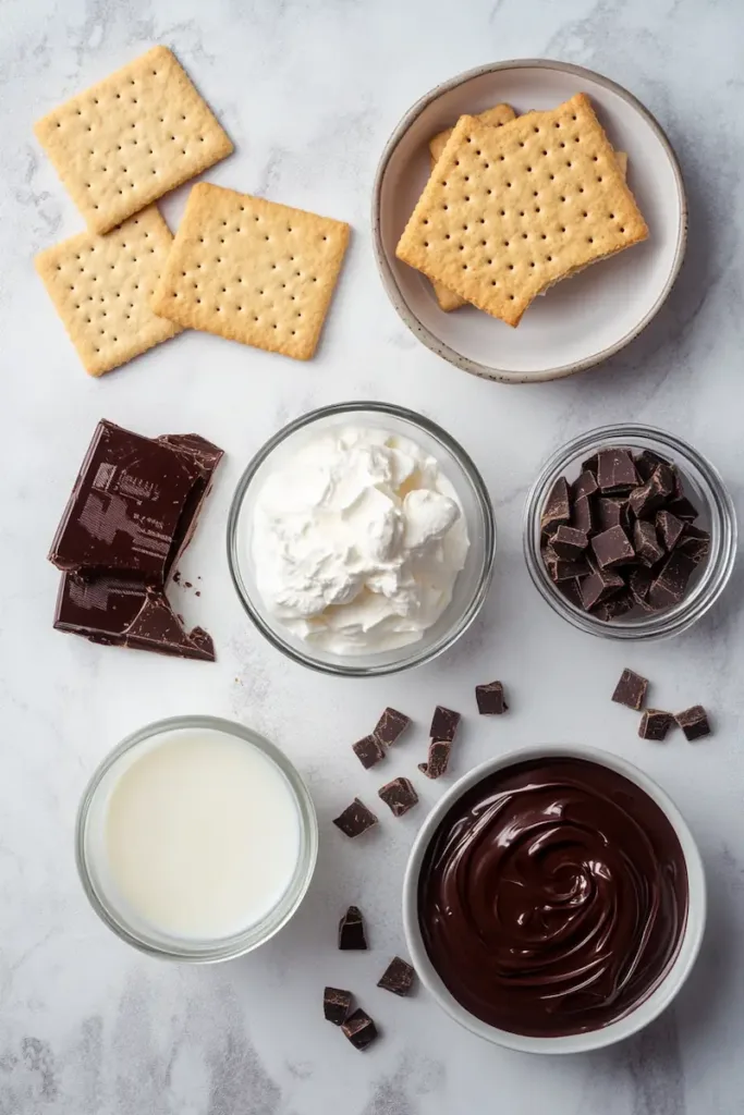 No Bake Chocolate Eclair Dessert Ingredients Flatlay