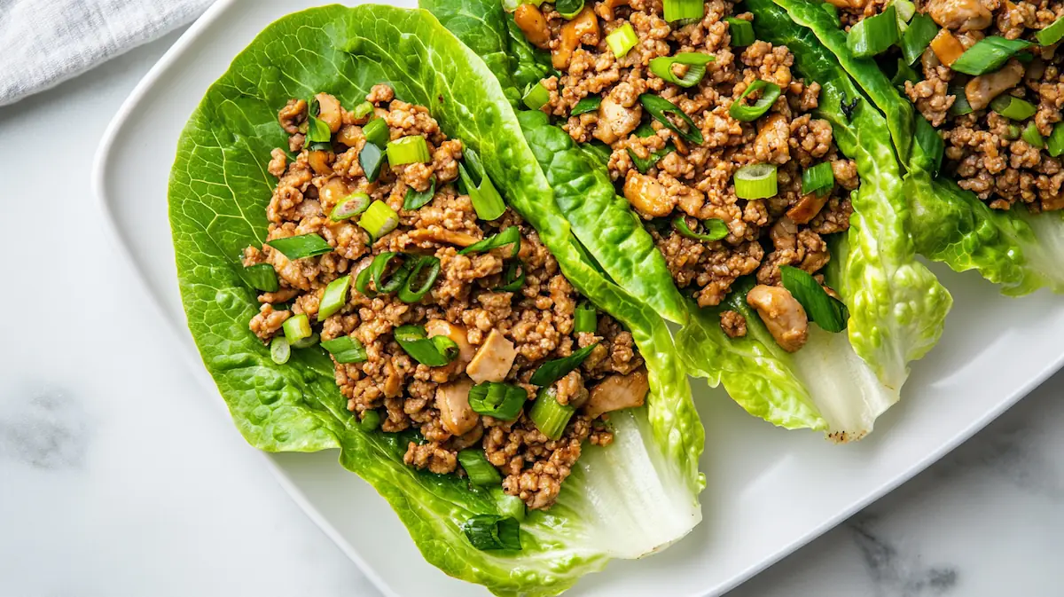 A plate of PF Chang’s chicken lettuce wraps made with ground chicken, mushrooms, and crisp lettuce leaves