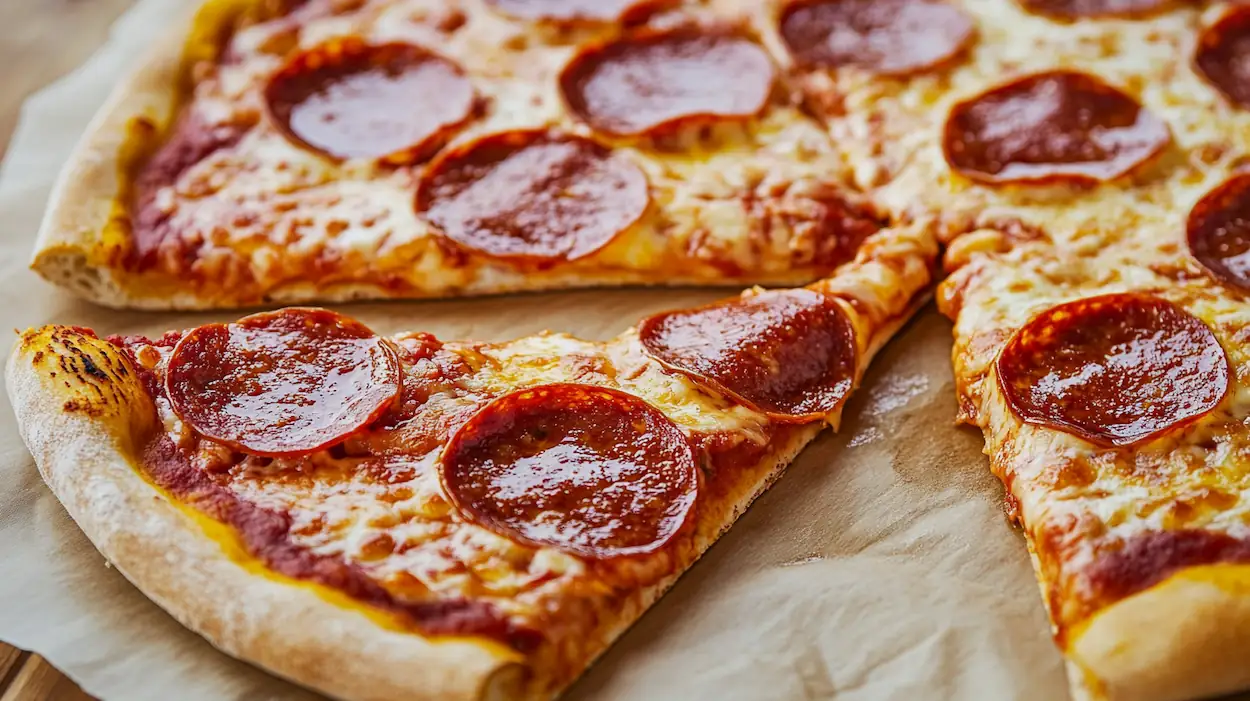 Homemade pepperoni ricotta pizza with melted cheese, crispy pepperoni, and creamy ricotta on a golden crust