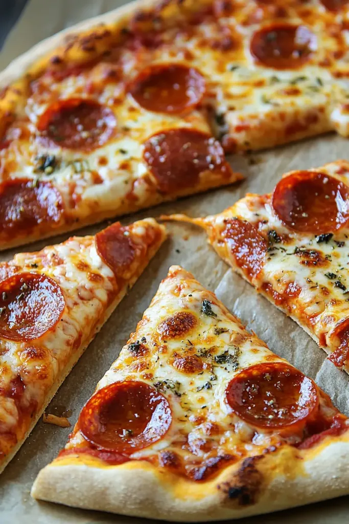 Vertical image of sliced pepperoni ricotta pizza with melted cheese, crispy edges, and creamy ricotta