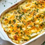 Creamy baked Pioneer Woman potato recipe in a casserole dish with golden edges and fresh herbs