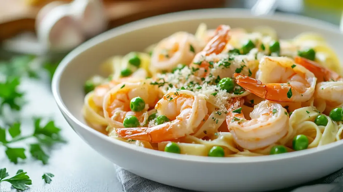 Quick Shrimp Pasta with Peas 1 Bowl of quick shrimp pasta with peas in a creamy light sauce, topped with parsley
