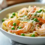 Bowl of quick shrimp pasta with peas in a creamy light sauce, topped with parsley