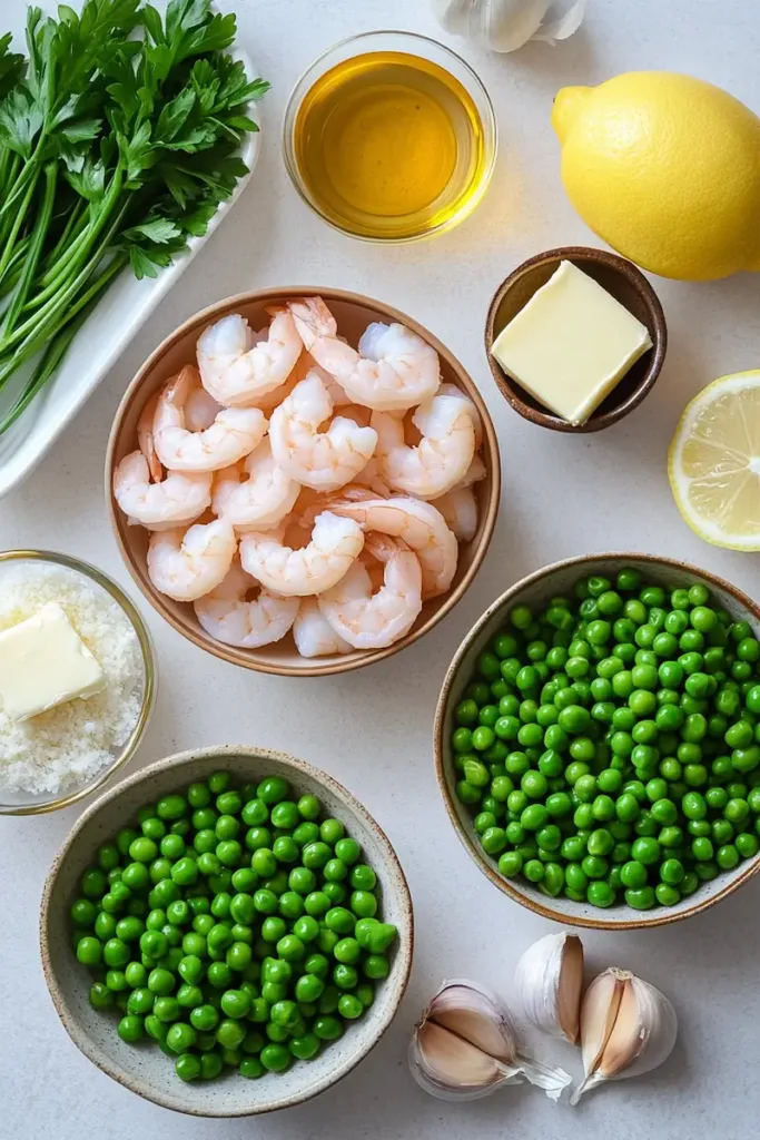Quick Shrimp Pasta with Peas 3 Ingredients for quick shrimp pasta with peas including shrimp, pasta, peas, garlic, lemon, Parmesan, and butter