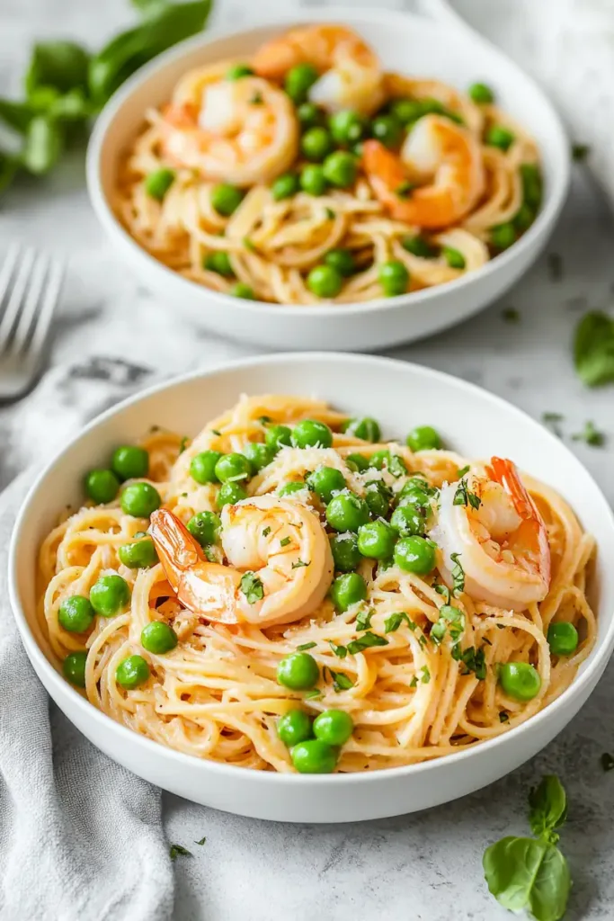 Quick Shrimp Pasta with Peas 2 Creamy quick shrimp pasta with peas served in a white bowl for an easy weeknight meal