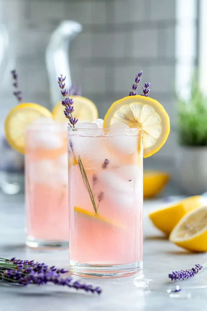 Lavender Lemonade Recipe That Tastes Like Summer 2 Close-up of homemade lavender lemonade with ice, lemon slices, and lavender garnish in a bright modern kitchen.